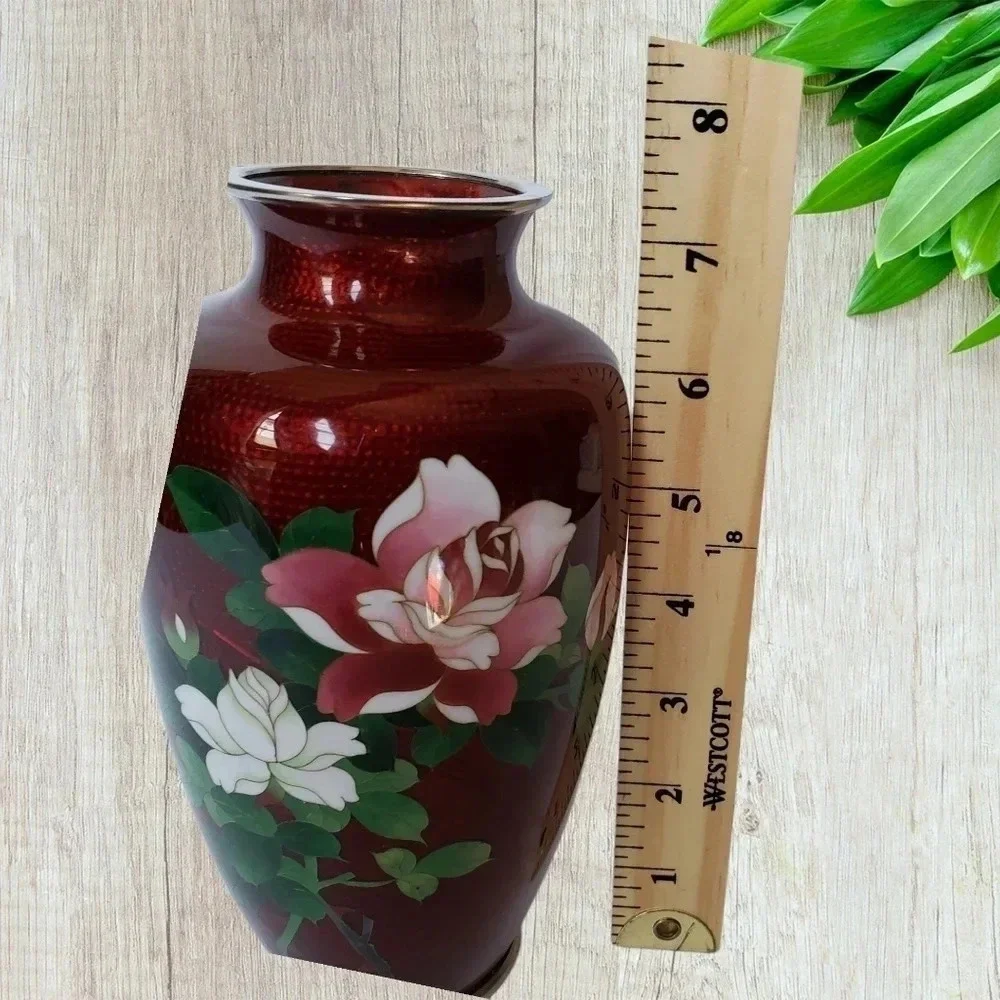 JAPANESE cloisonne vase with crimson rose lovely red